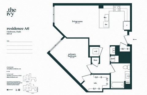Floor plan for 1 bed, 1 bath, 850 sqft